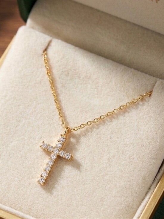 FingerBlingers Jewelry - Elegant Gold And Zirconia Cross Pendant Necklace